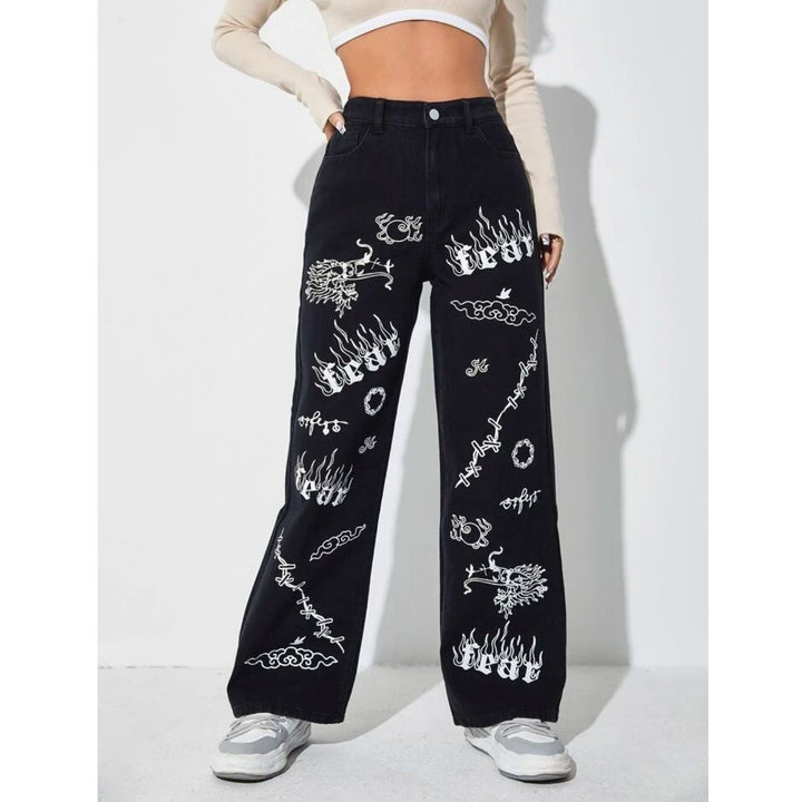 *Best Seller*Mix Printed Wide Leg Black Jeans