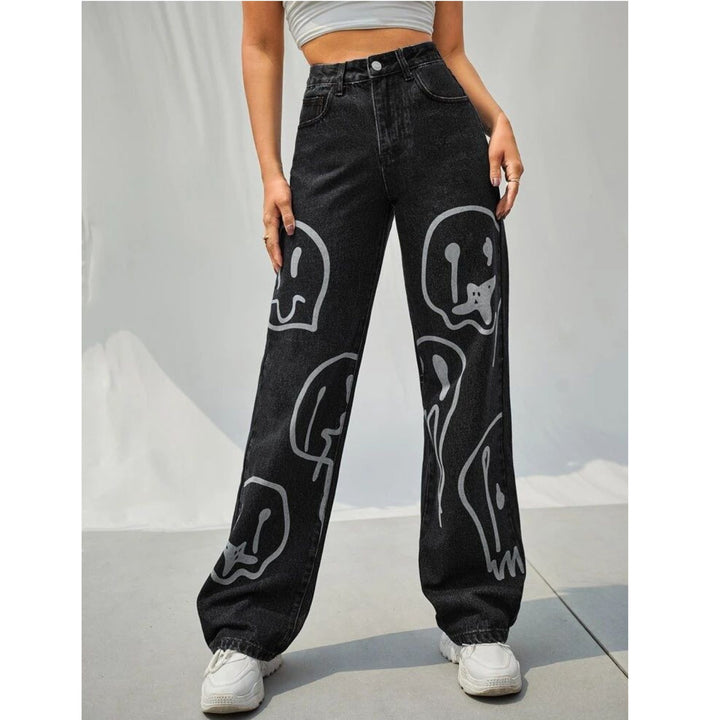 *Best Seller* Smiley Black Printed Wide Leg High Waist Jeans