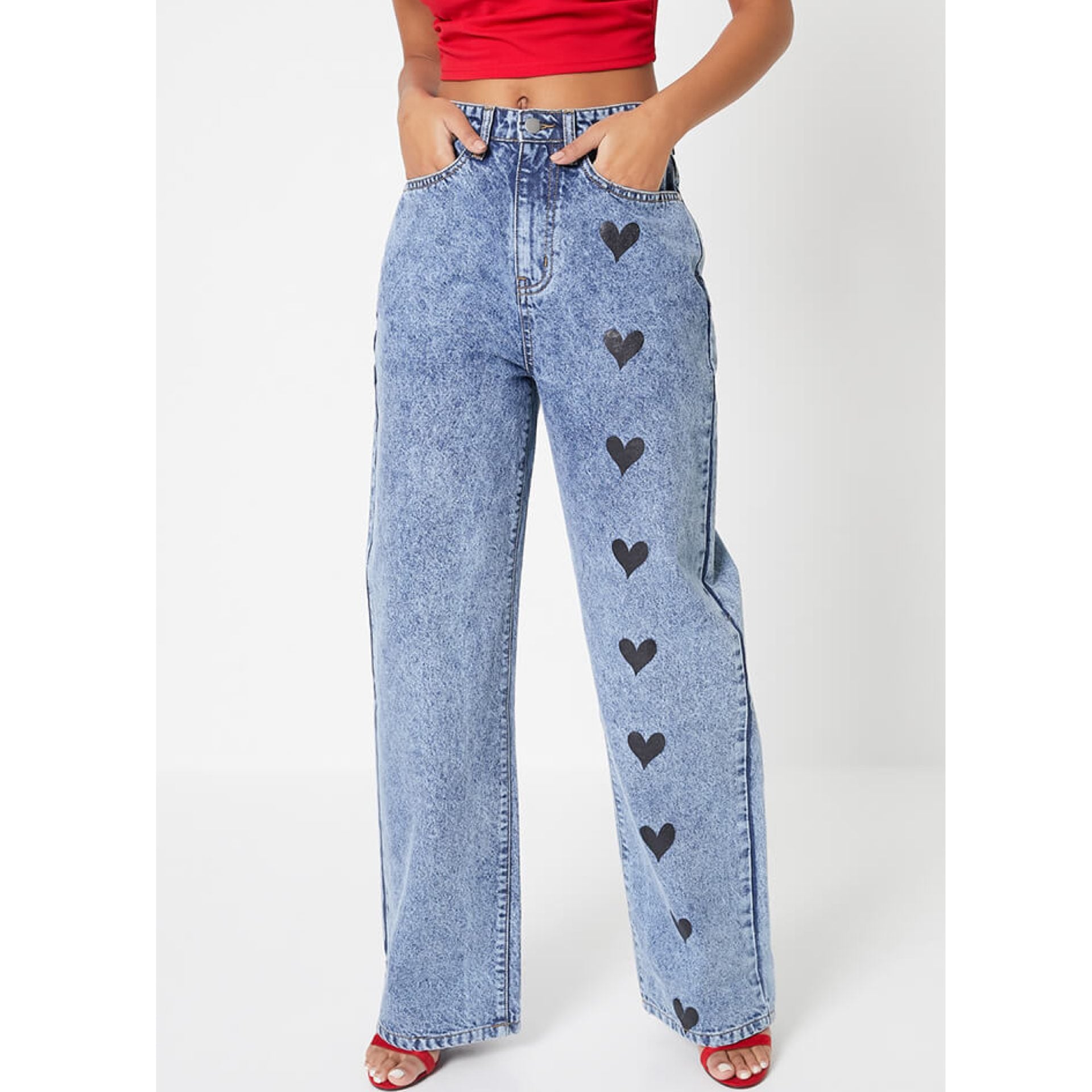 *Best Seller*Little Heart Printed Wide Leg High Waist Jeans