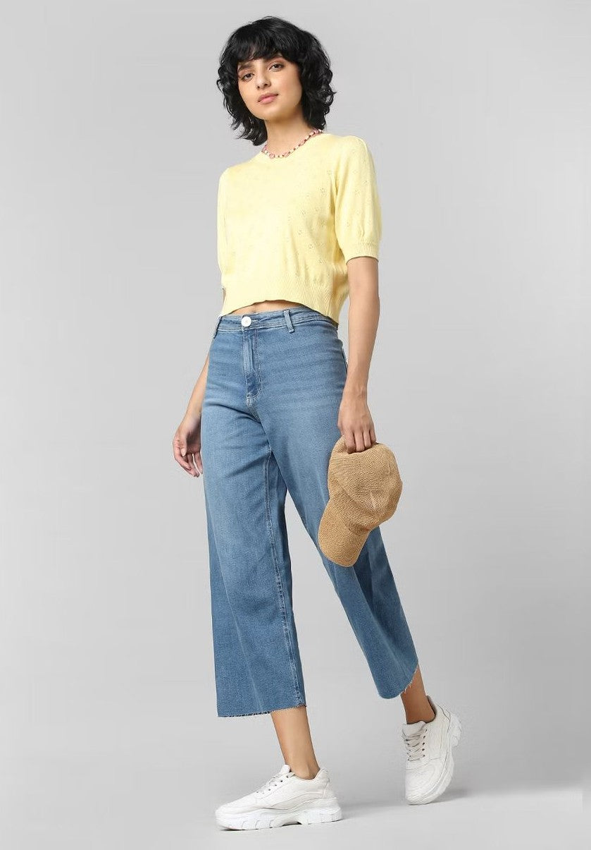 *New Arrival* Short Length Wide Leg Mid Blue  High Waist Jeans