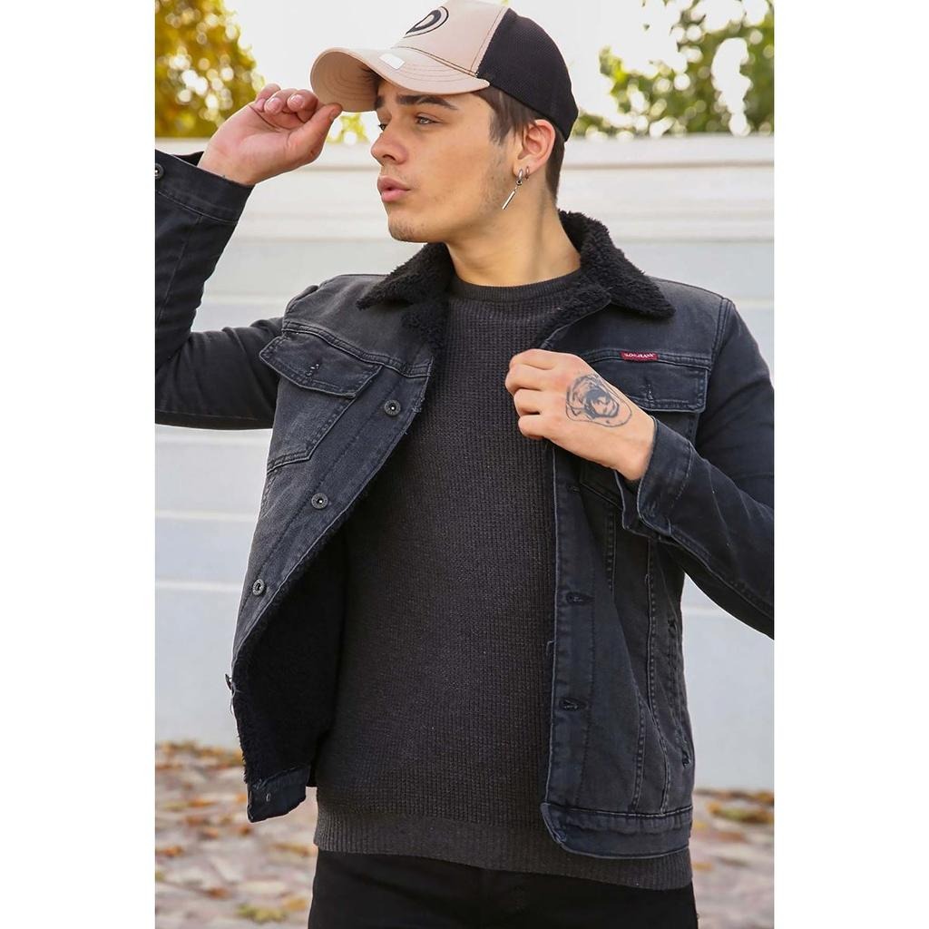 Light Black Lined Fur Denim Jacket 