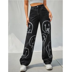 *New Arrival* Smiley Black Printed Wide Leg High Waist Jeans