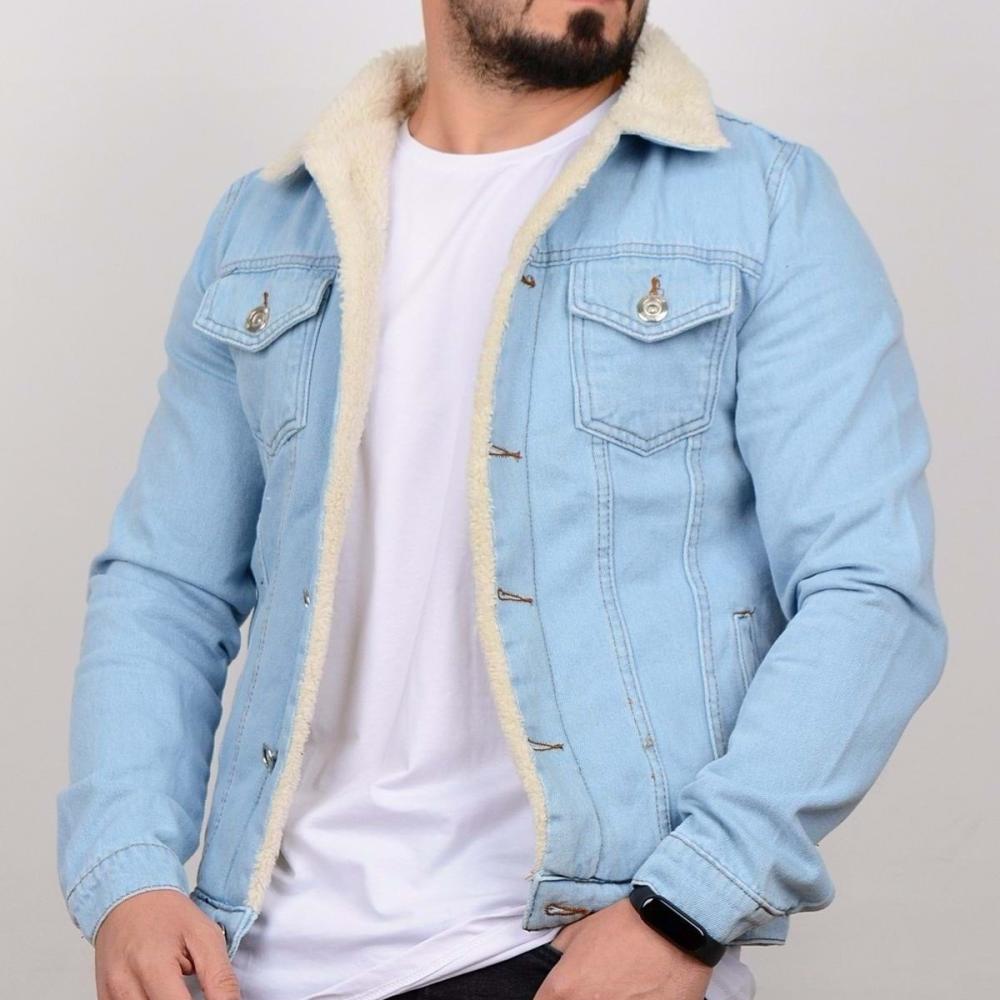 Men's Light Blue Wash Denim Jacket with Fur - IMPAURITO
